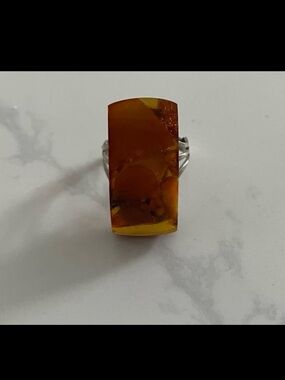 Vintage Soviet Honey  Amber Rectangular Ring On Metal Setting Size 7